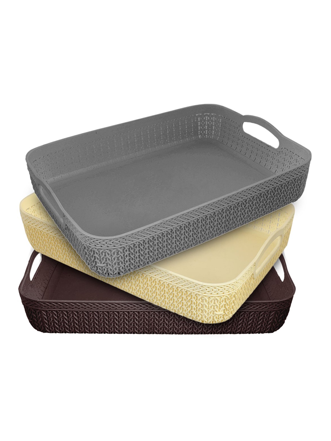 

Kuber Industries Pack of 3 Blue, Grey & Cream Solid Storage Baskets