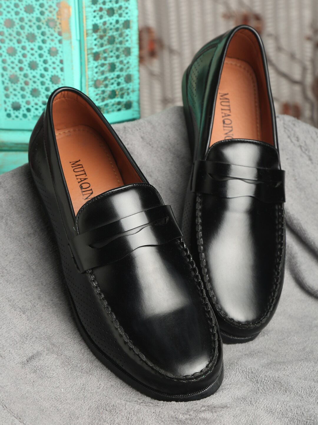 

MUTAQINOTI Men Black Patent Leather Loafers