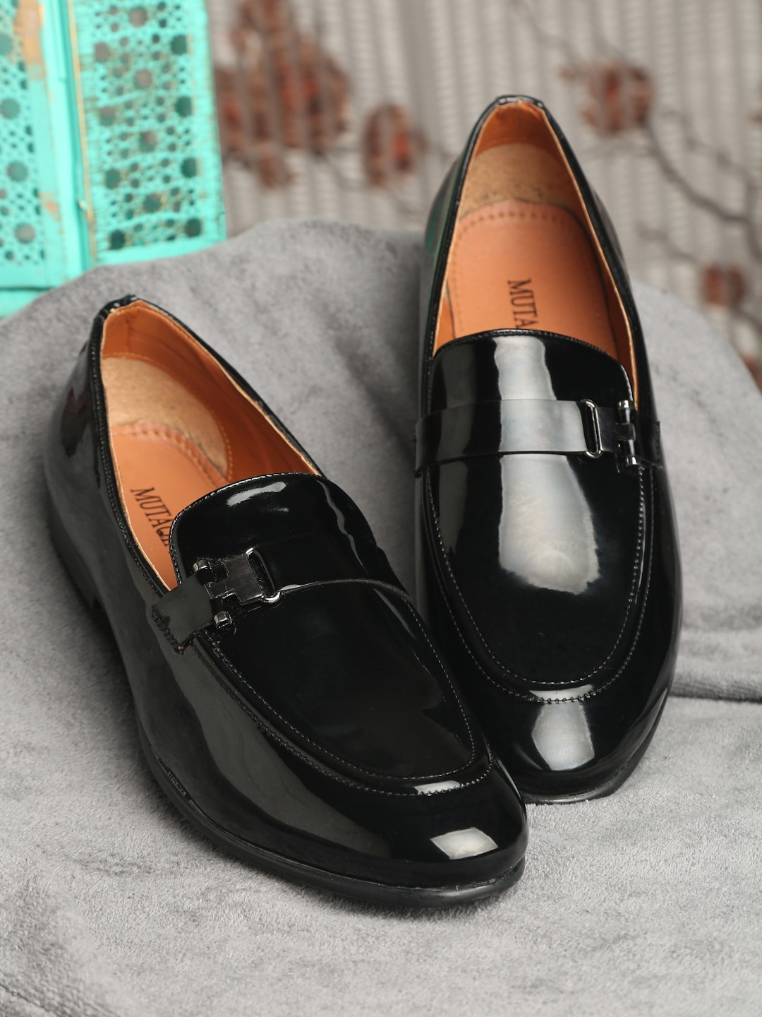 

MUTAQINOTI Men Black Patent Leather Slip-On Loafers