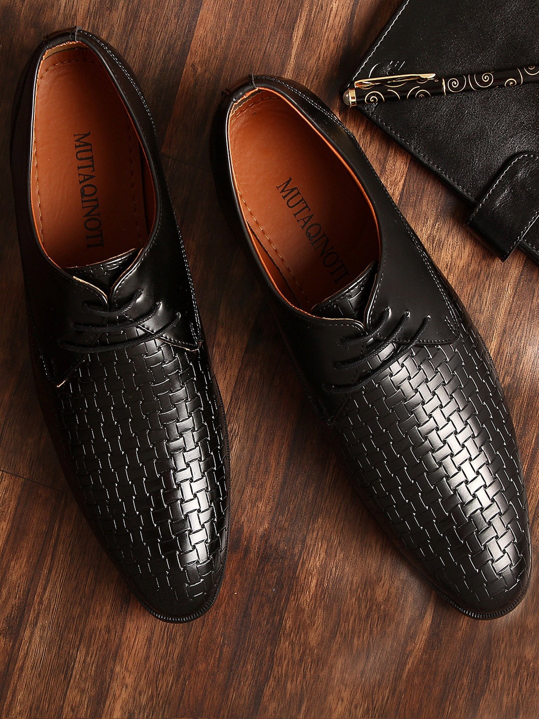 

MUTAQINOTI Men Black Printed Patent Leather Derbys