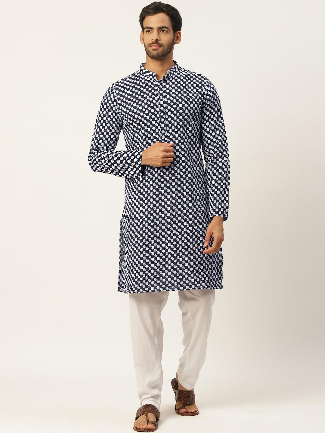 

Molly & Michel Men Navy Blue Floral Embroidered Pure Cotton Kurta with Pyjamas