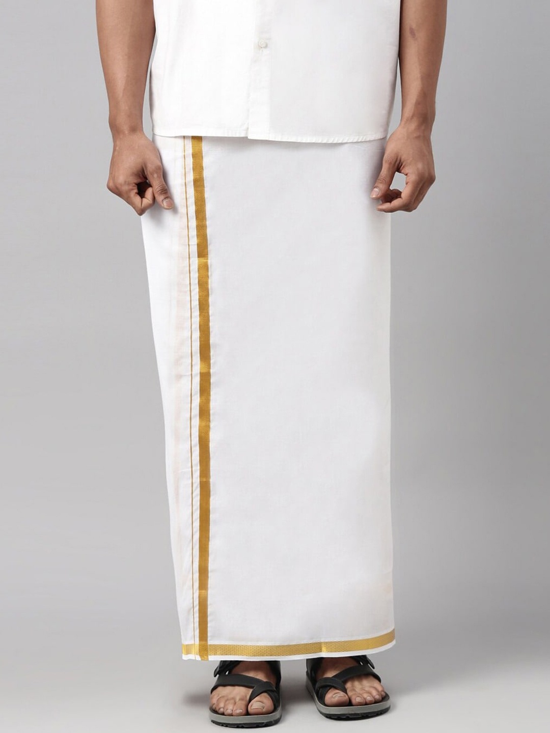 

WHITE HEART Men Pure Cotton Single Layer Dhoti with Gold Zari Border