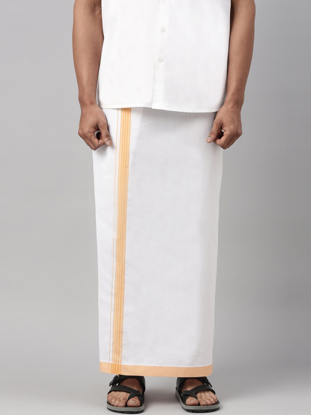 

WHITE HEART Men White & Yellow Solid Pure Cotton Dhoti Has Yellow Border