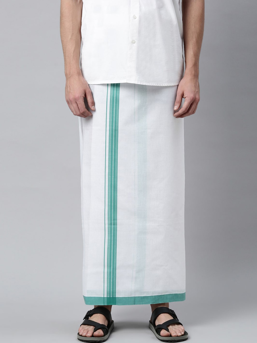 

WHITE HEART Men White Solid Pure Cotton Dhoti Has Green Border