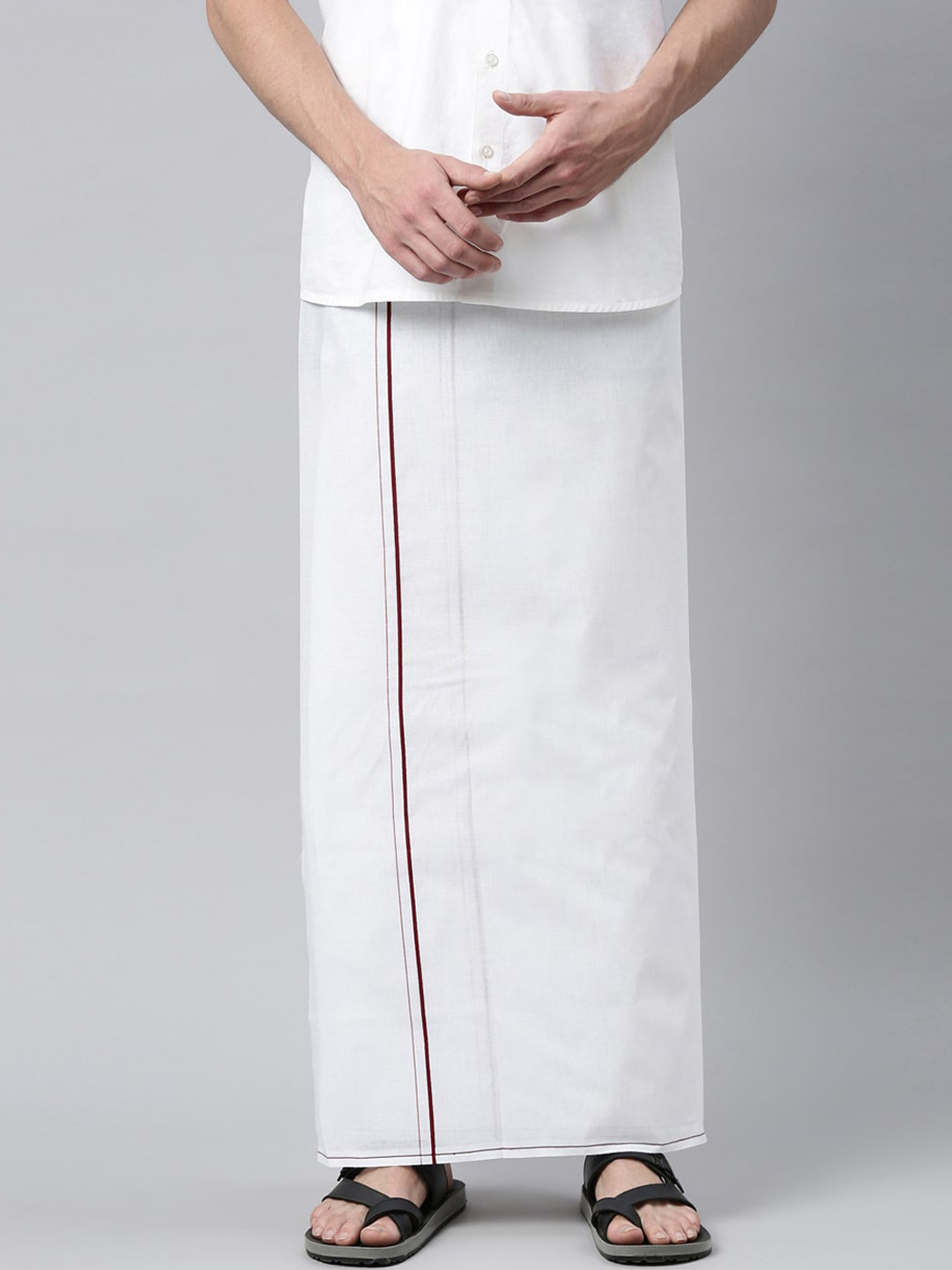 

WHITE HEART Men White & Maroon Solid Pure Cotton Dhotis Has Maroon Border