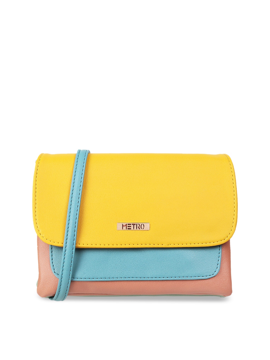 

Metro yellow and peach Colourblocked Structured Sling Bag with Quilted