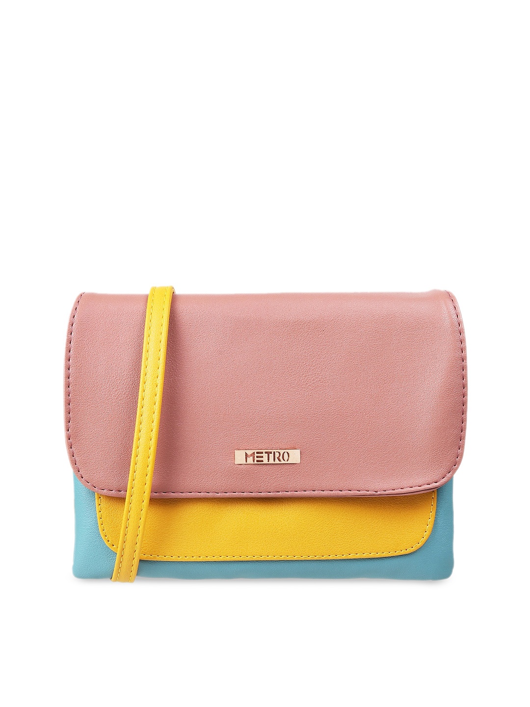 

Metro Pink and yellow Colourblocked Structured Sling Bag with Applique