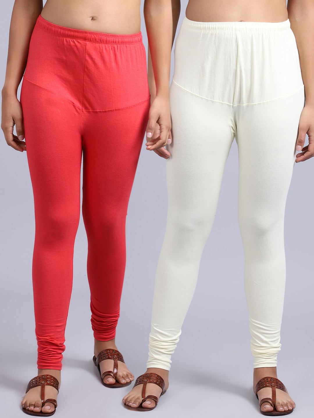 

GRACIT Women Pack of 2 Solid Churidar-Length Leggings, Peach