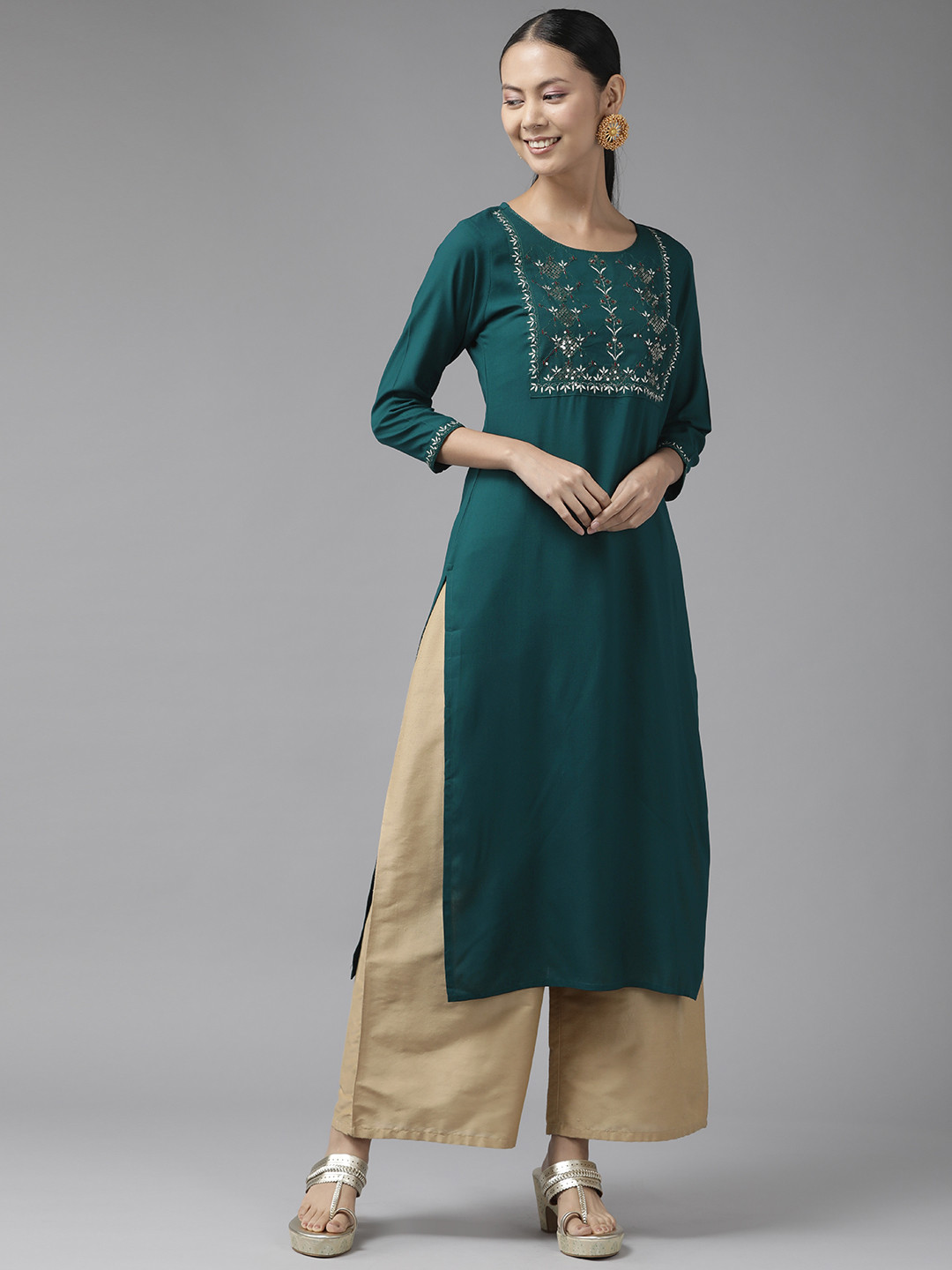 

Yufta Women Teal Green Embroidered Kurta