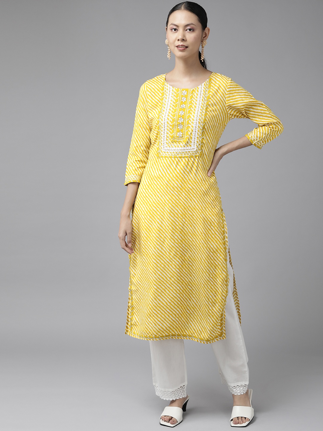 

Yufta Women Yellow Leheriya Embroidered Kurta