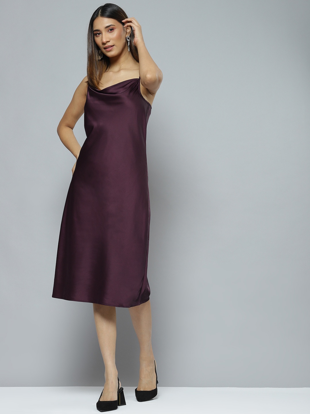 

Femella Burgundy Cowl Neck Satin Sheath Slip Dress