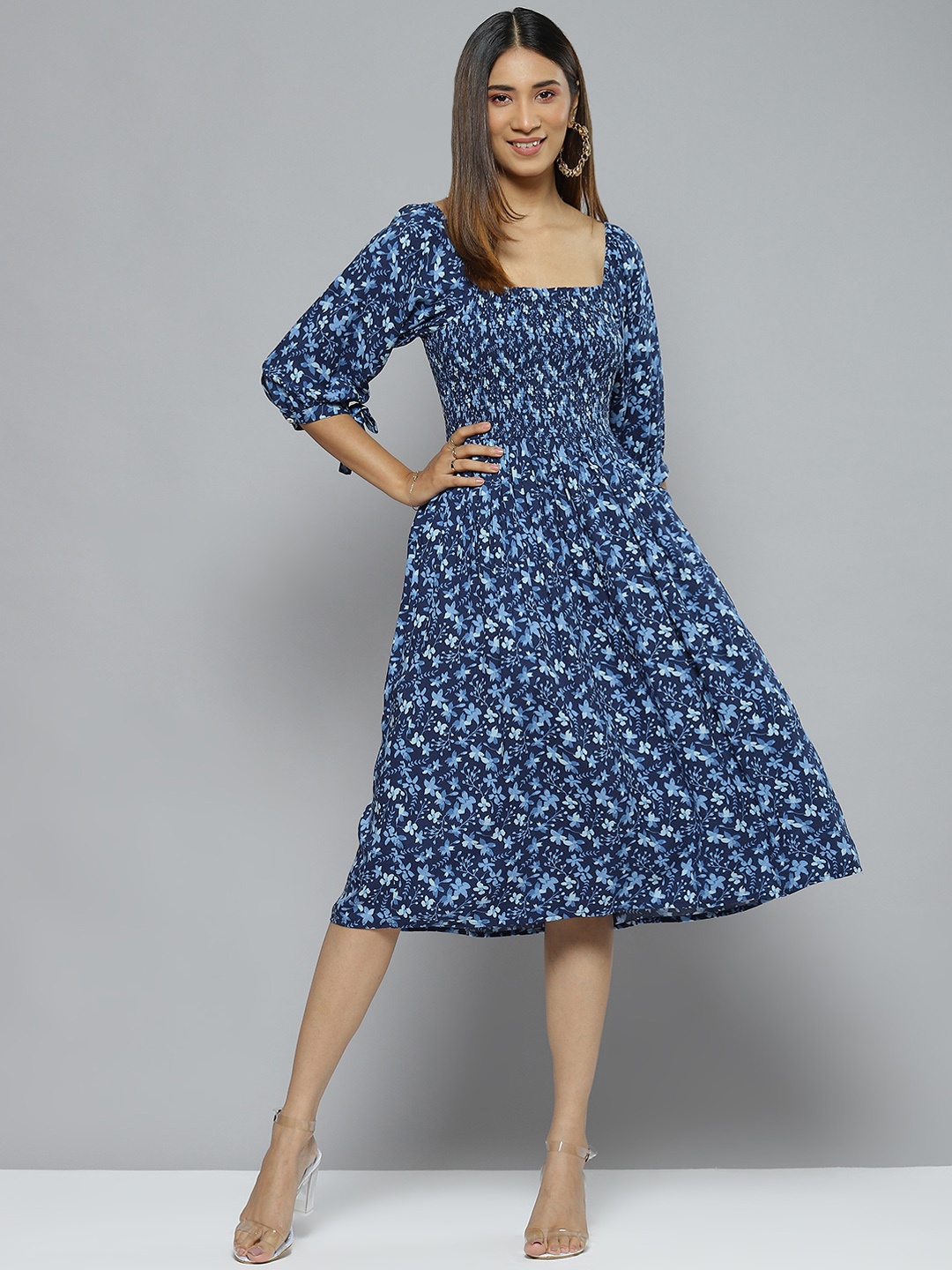 

Femella Floral Smocked Midi A-Line Dress, Blue