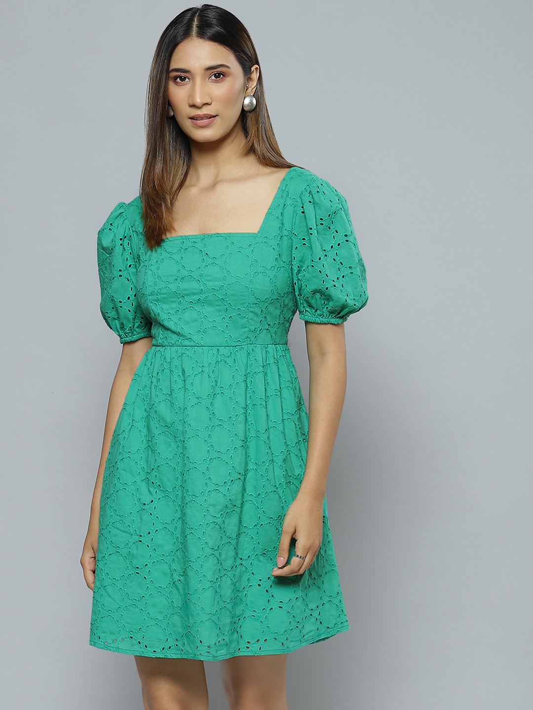 

Femella Green Pure Cotton Schiffli Mini Dress