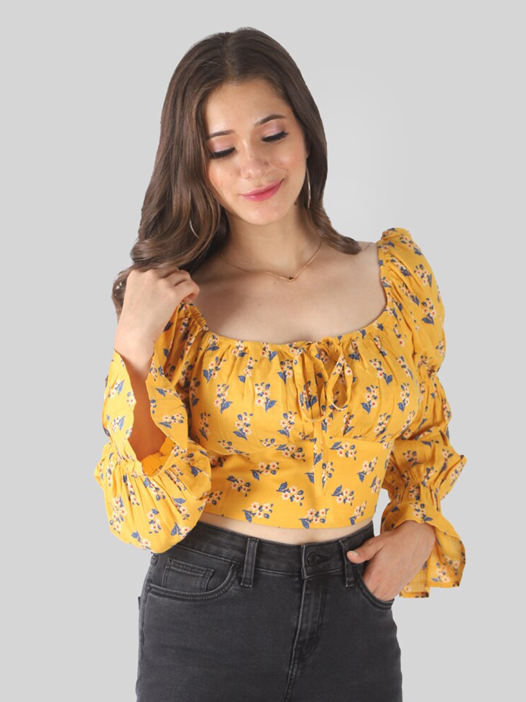 

PRETTY LOVING THING Yellow & yolk yellow Floral Print Tie-Up Neck Blouson Top