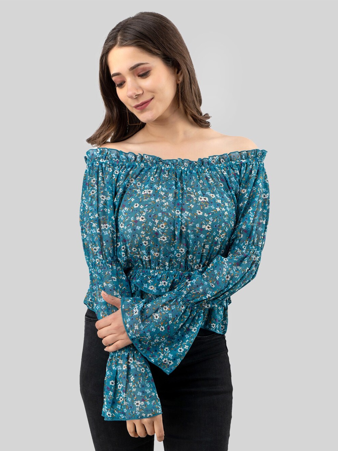 

PRETTY LOVING THING Blue Floral Print Off-Shoulder Georgette Bardot Top