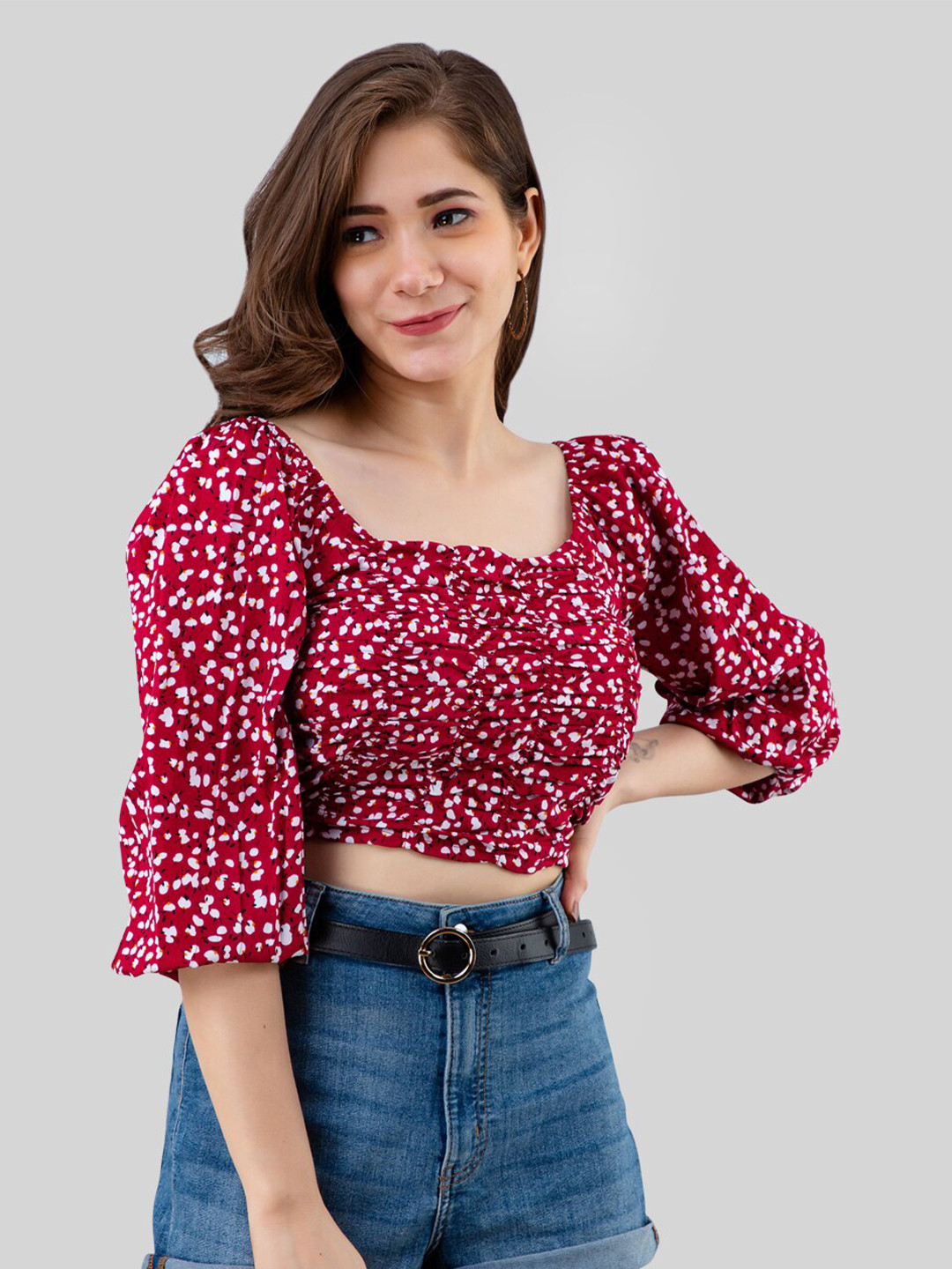 

PRETTY LOVING THING Red Floral Print Blouson Crop Top