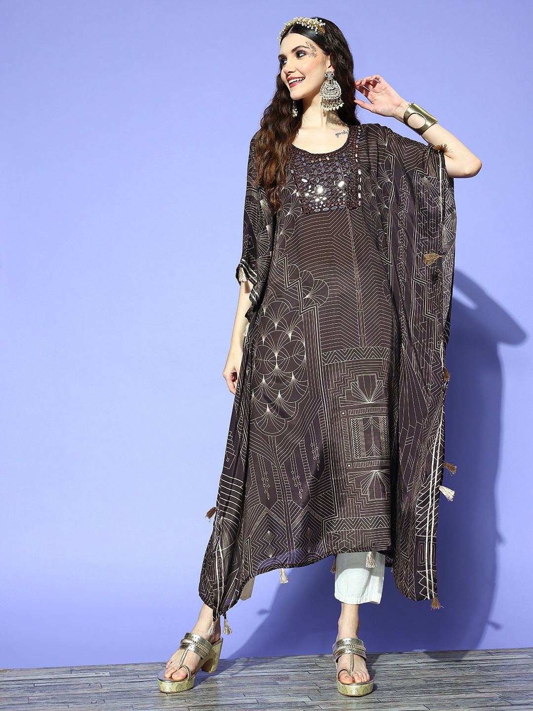 

ZOLA Women Brown Yoke Design Flared Sleeves Mirror Work Kaftan Kurta