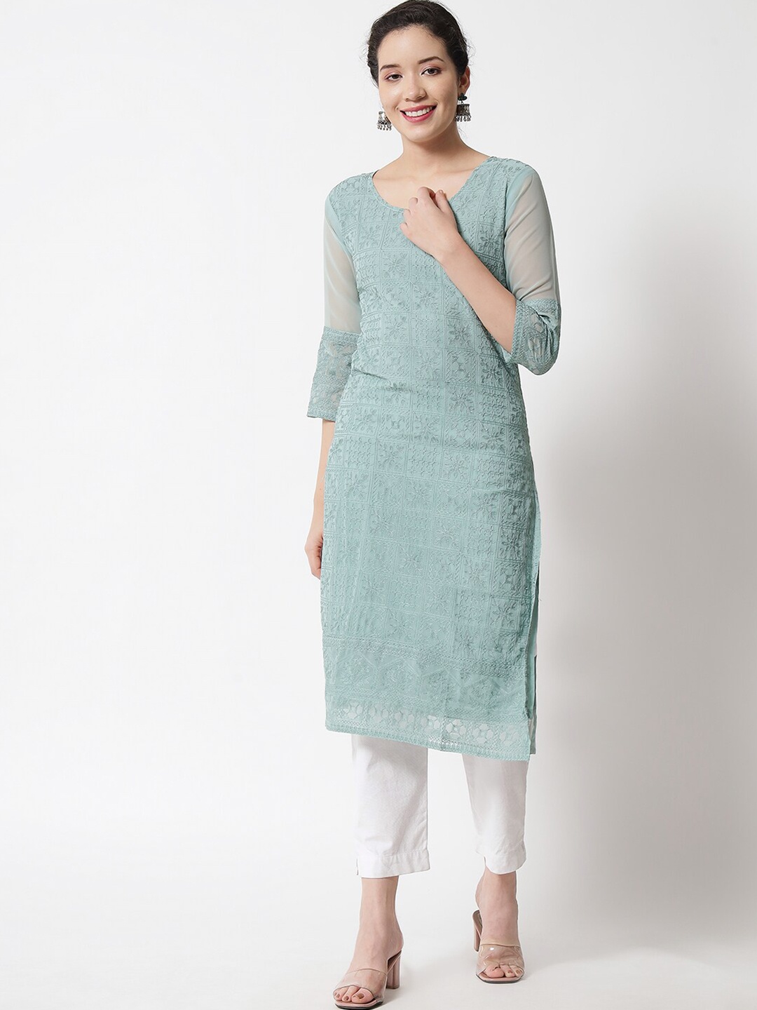 

VAIRAGEE Women Sea Green Floral Embroidered Georgette Kurta