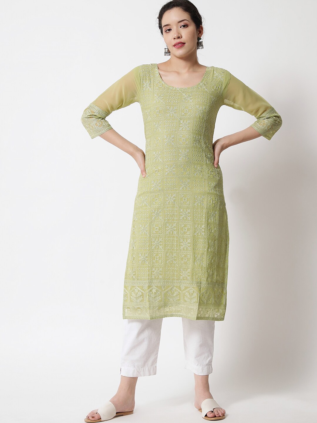 

VAIRAGEE Women Olive Green Ethnic Motifs Embroidered Georgette Kurta