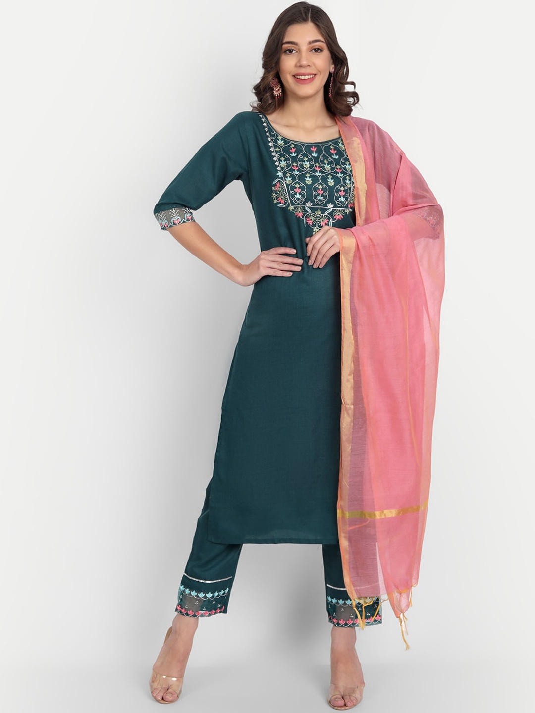 

VredeVogel Women Teal Yoke Design Pure Cotton Kurta with Trousers & With Dupatta