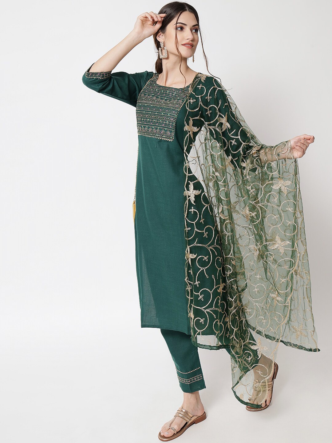 

VredeVogel Women Green Ethnic Motifs Yoke Design Kurta with Trousers & With Dupatta