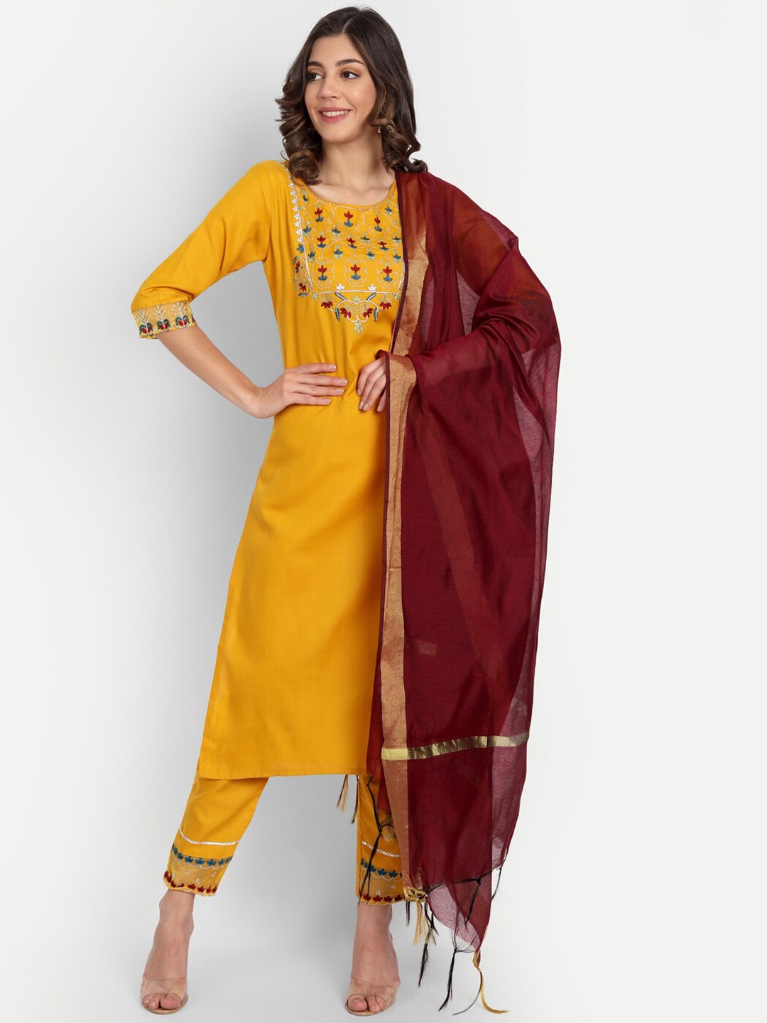 

VredeVogel Women Yellow Yoke Design Pure Cotton Kurta with Trousers & With Dupatta