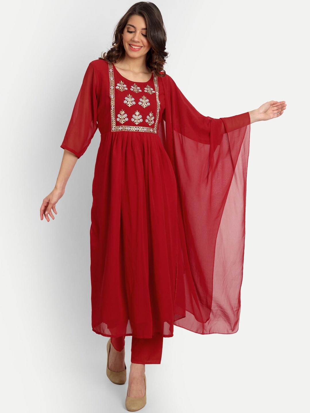 

VredeVogel Women Red Yoke Design Empire Kurta with Trousers & With Dupatta