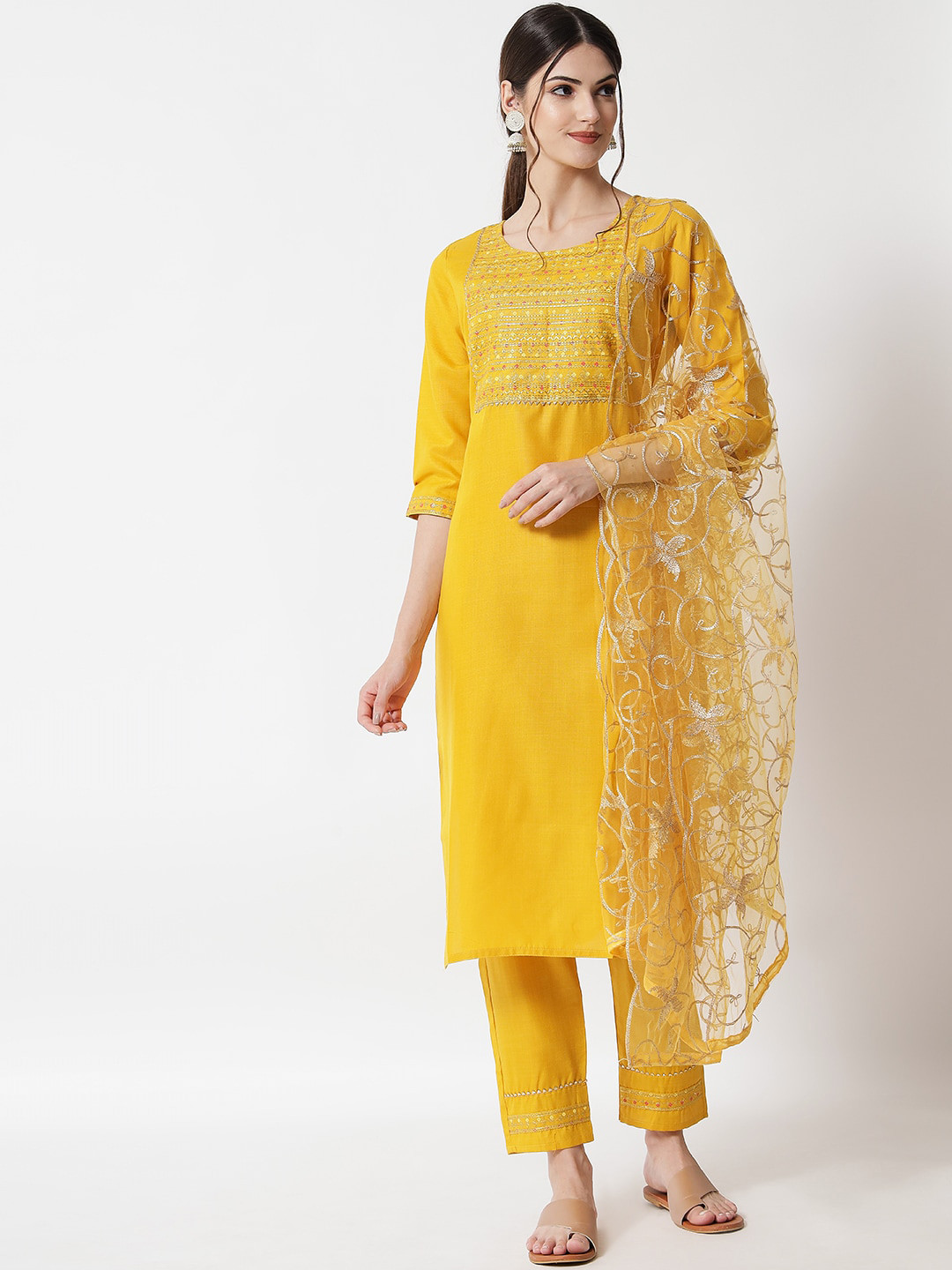 

VredeVogel Women Yellow Ethnic Motifs Yoke Design Kurta with Trousers & With Dupatta