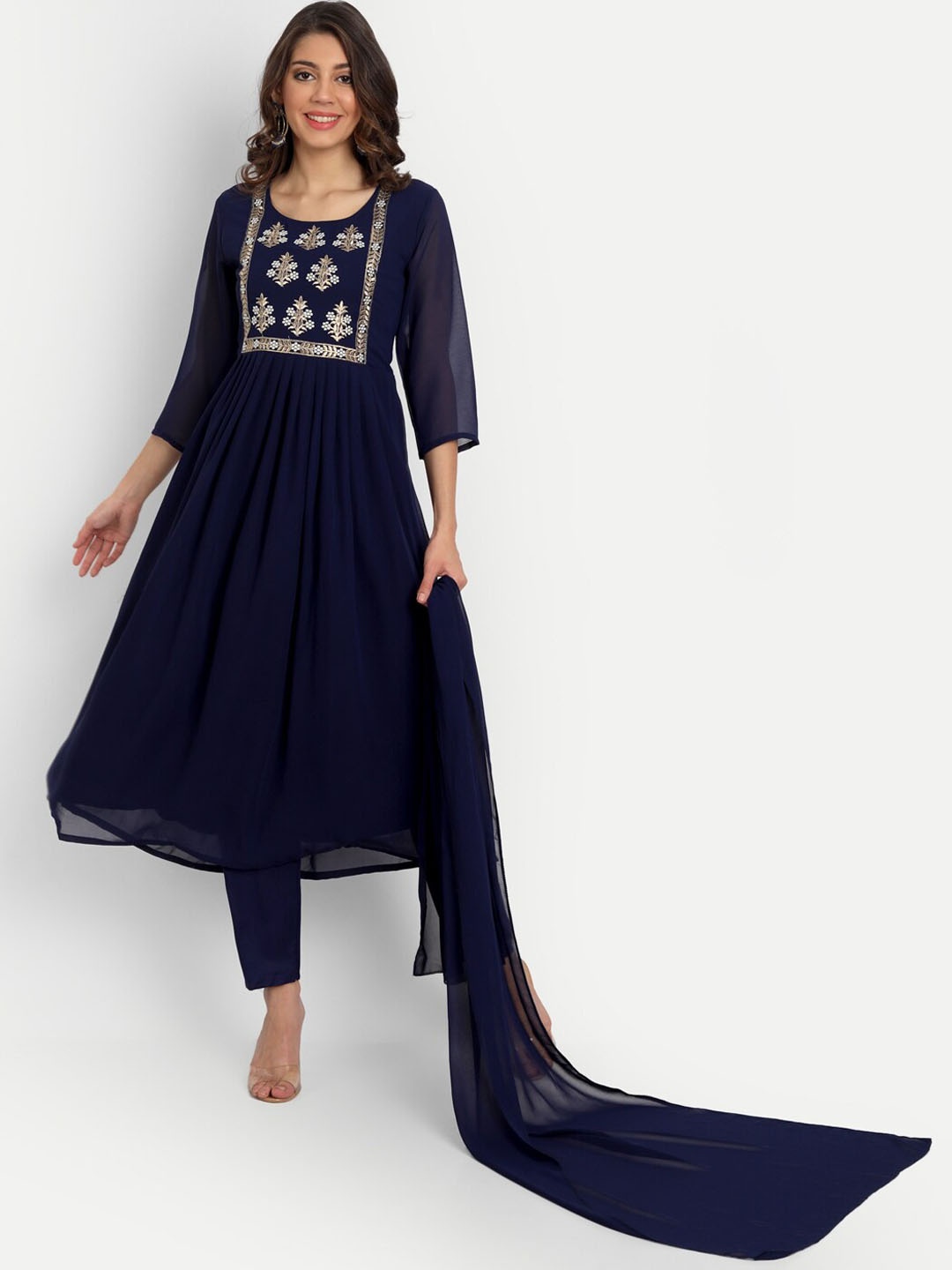 

VredeVogel Women Navy Blue Embroidered Empire Kurta with Trousers