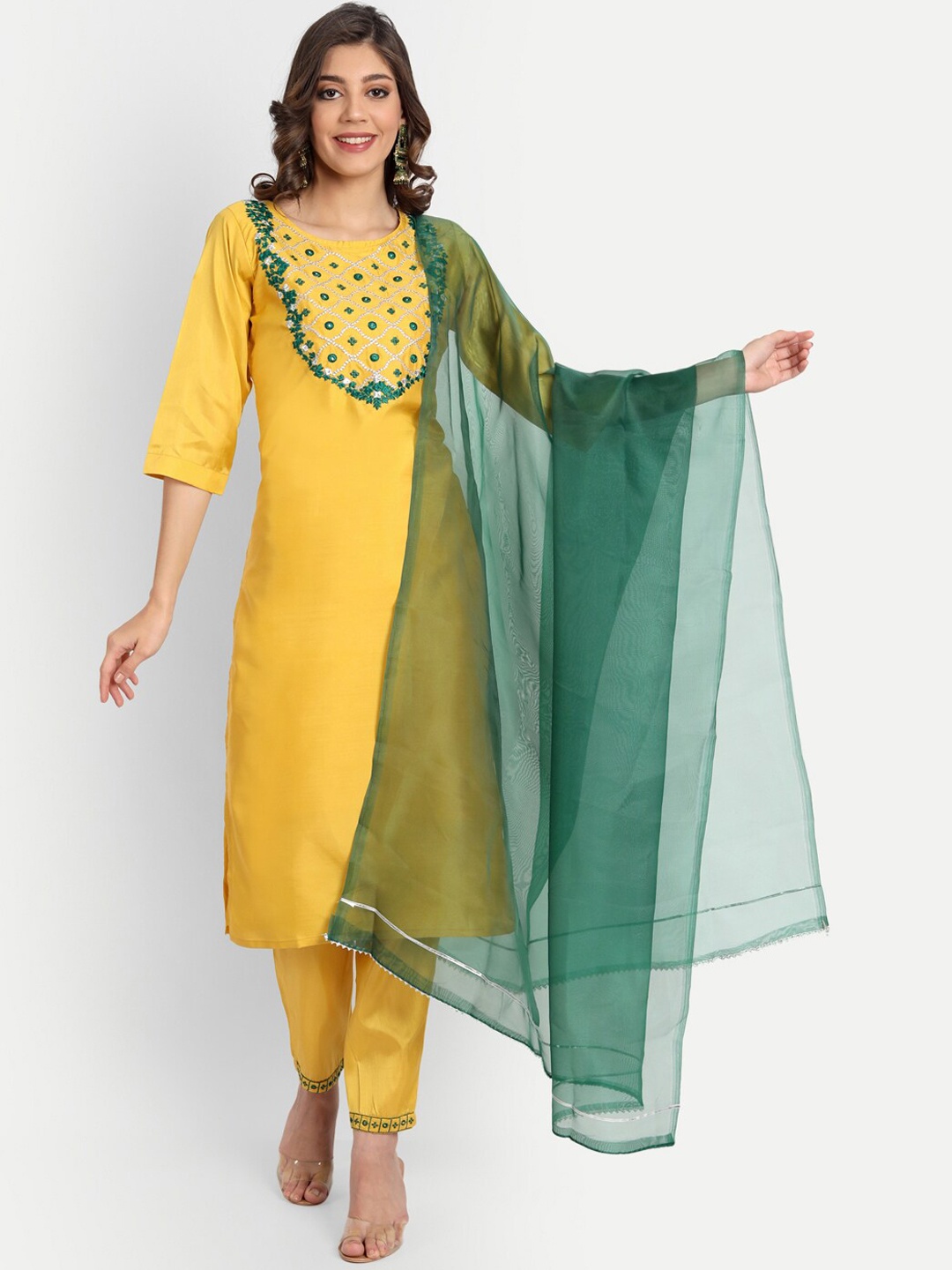 

VredeVogel Women Yellow Embroidered Kurta with Trousers & With Dupatta