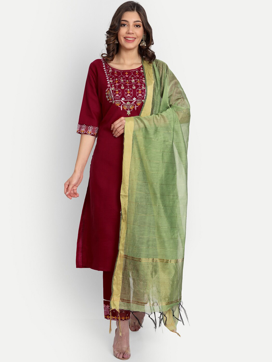 

VredeVogel Women Maroon Floral Yoke Design Pure Cotton Kurta with Trousers & With Dupatta