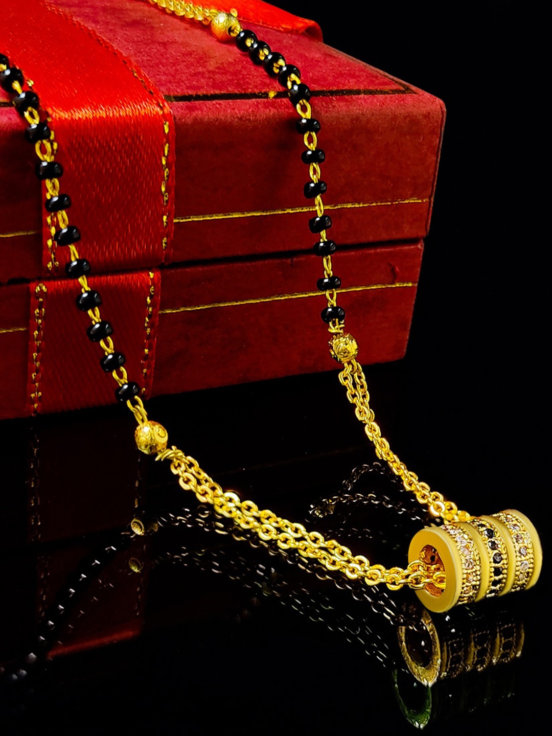 

Saizen Gold-Plated & Black Beaded Dailywear Mangalsutra