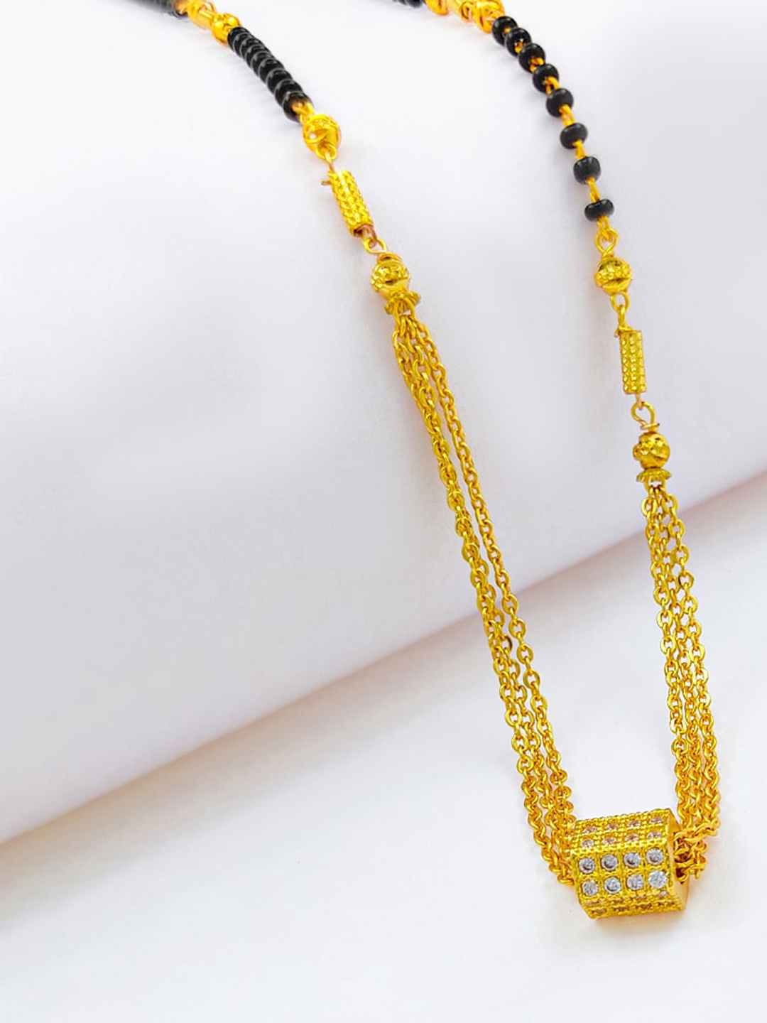 

Saizen Gold-Plated Black Stone-Studded & Beaded Mangalsutra