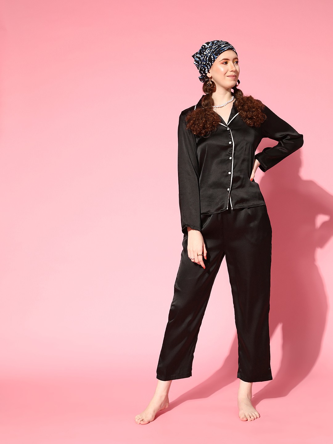 

PANIT Women Black Solid Slumber Together Satin Set Night Suit