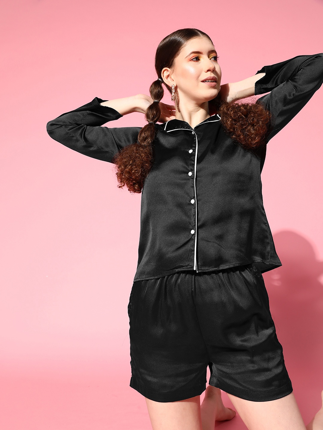 

PANIT Women Black Solid Slumber Together Satin Set Night Suit