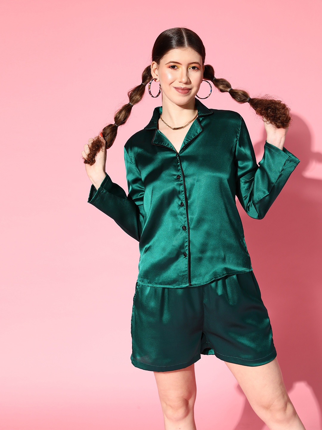 

PANIT Women Teal Solid Slumber Together Satin Set Night Suit