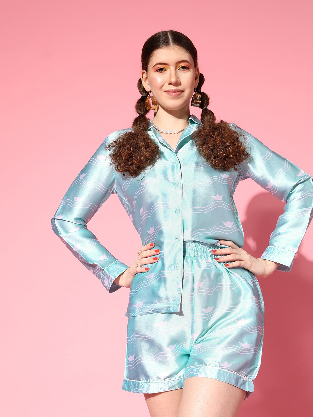 

PANIT Women Blue Conversational Slumber Together Satin Set Night Suit