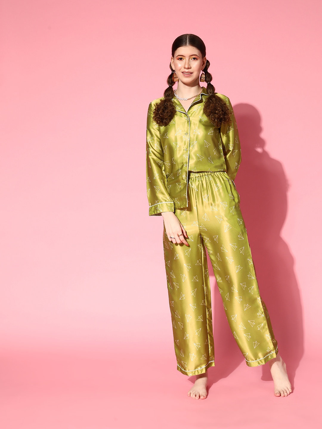 

PANIT Women Green Conversational Slumber Together Satin Set