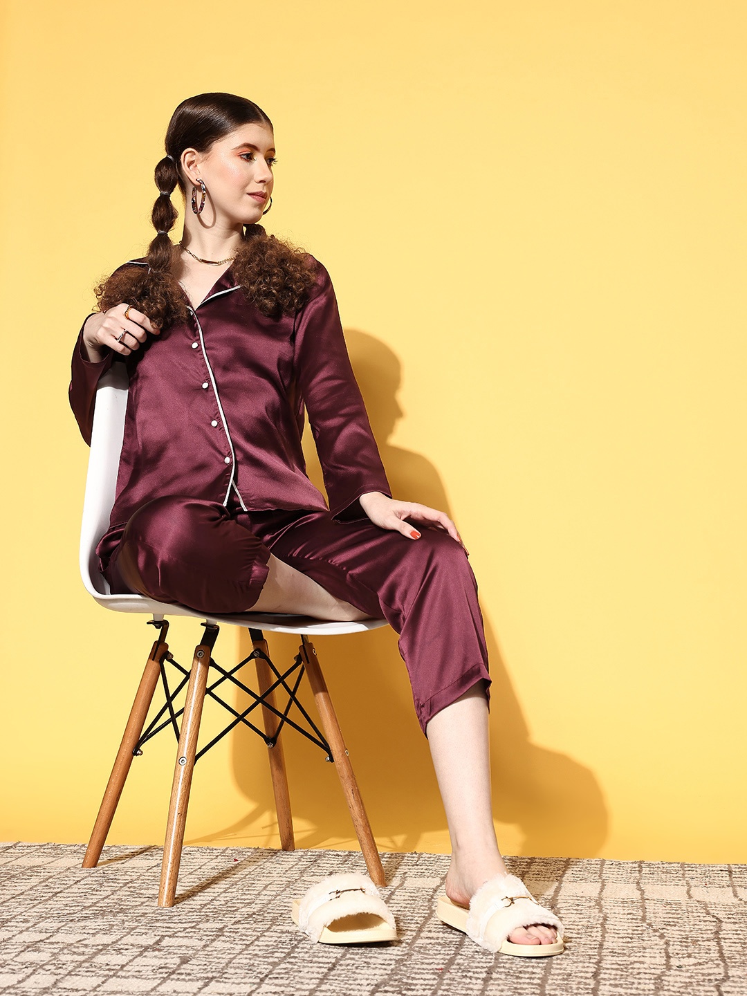 

PANIT Women Burgundy Solid Slumber Together Satin Set Night Suit