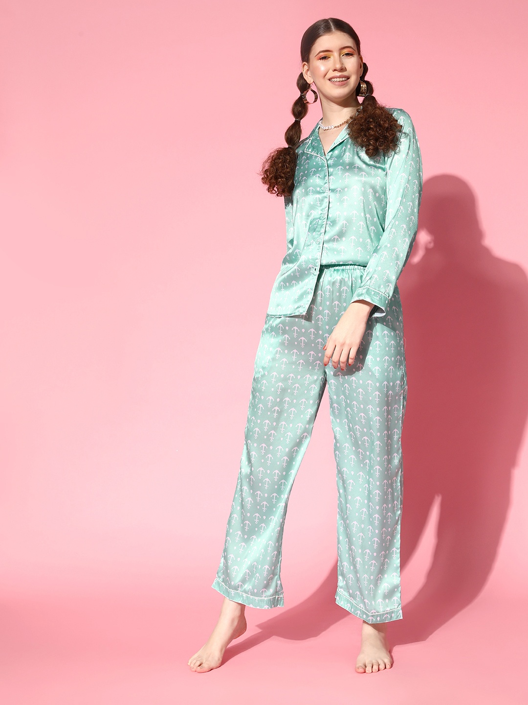 

PANIT Women Blue Geometric Slumber Together Satin Set Night Suit