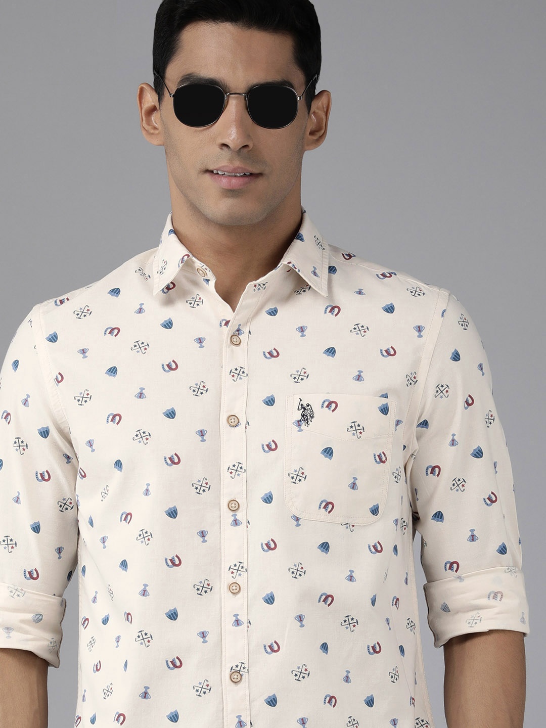 

U.S. Polo Assn. Denim Co. Men Cream-Coloured Printed Slim Fit Pure Cotton Casual Shirt