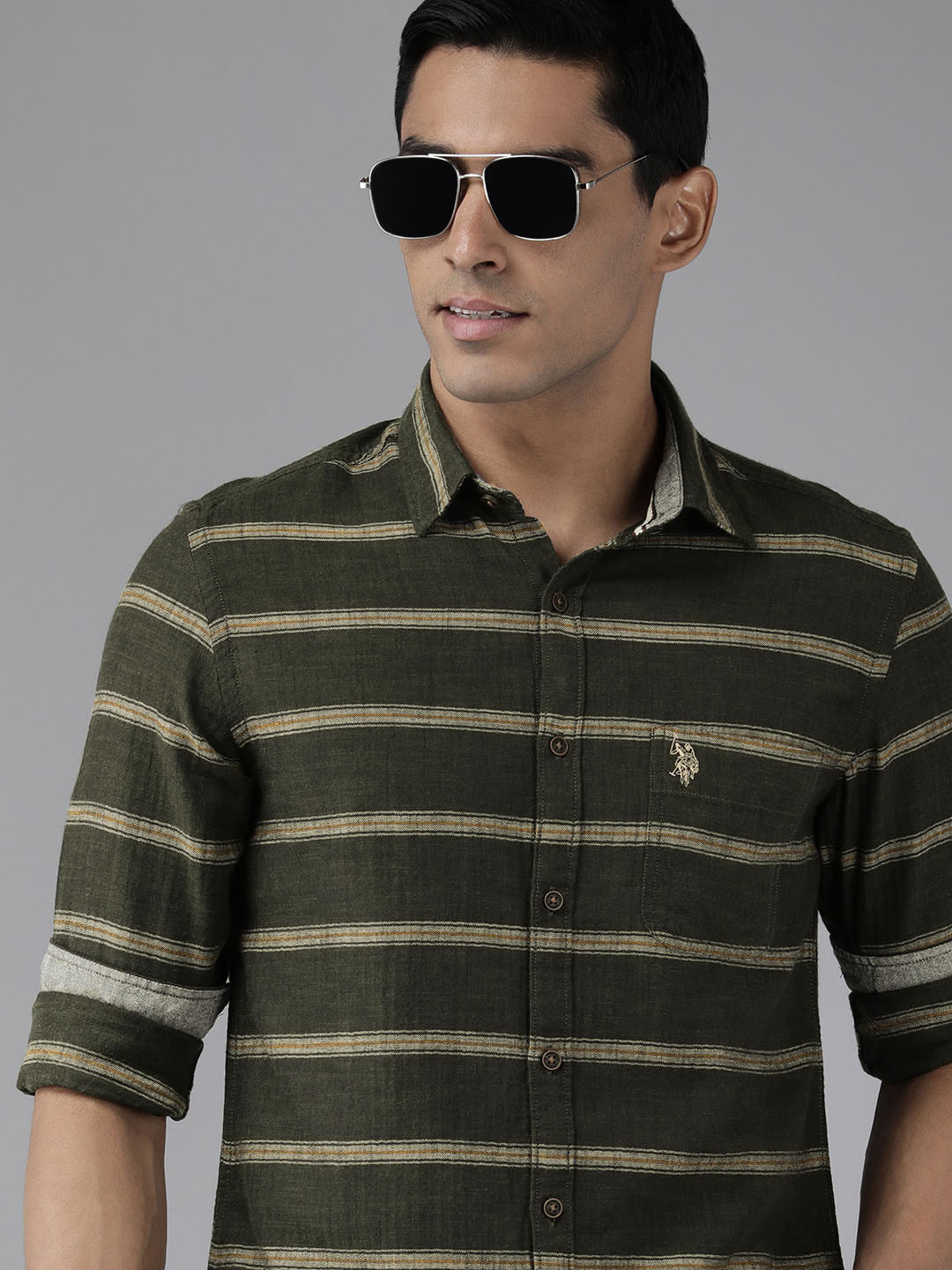

U.S. Polo Assn. Denim Co. Men Olive Green Slim Fit Striped Pure Cotton Casual Shirt