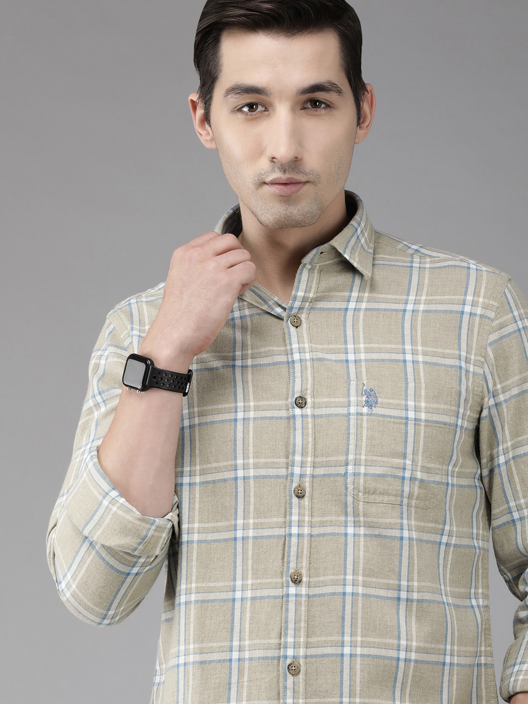 

U S Polo Assn Denim Co Men Beige Slim Fit Windowpane Checks Semiformal Shirt