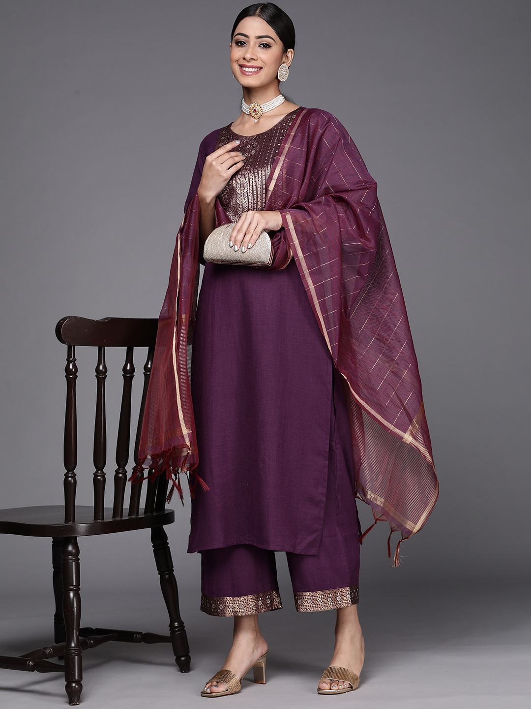 

Indo Era Women Burgundy Ethnic Motifs Yoke Design Kurta with Palazzos & Dupatta
