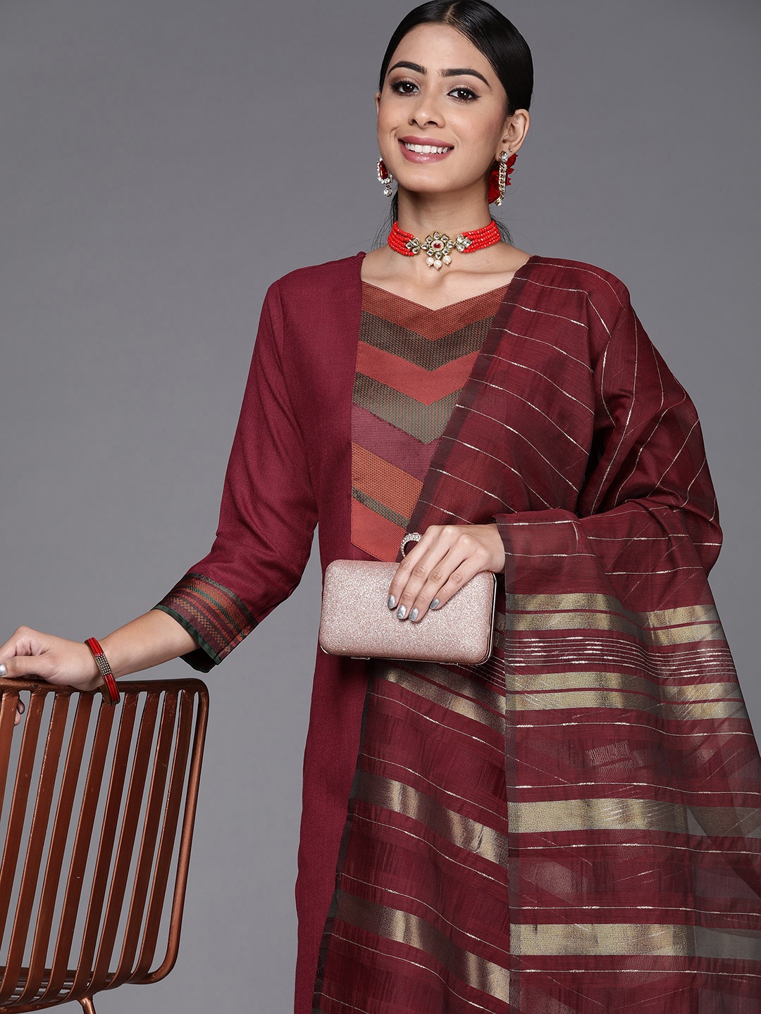 

Indo Era Women Maroon Kurta with Palazzos & Dupatta