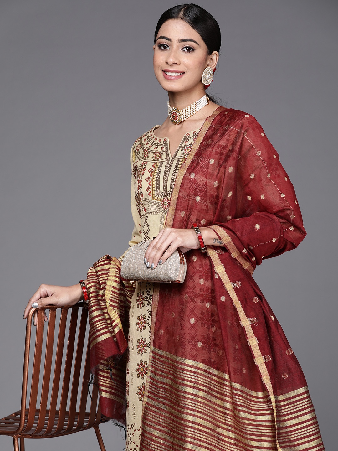 

Indo Era Women Beige Ethnic Motifs Printed Pure Cotton Kurta with Palazzos & Dupatta