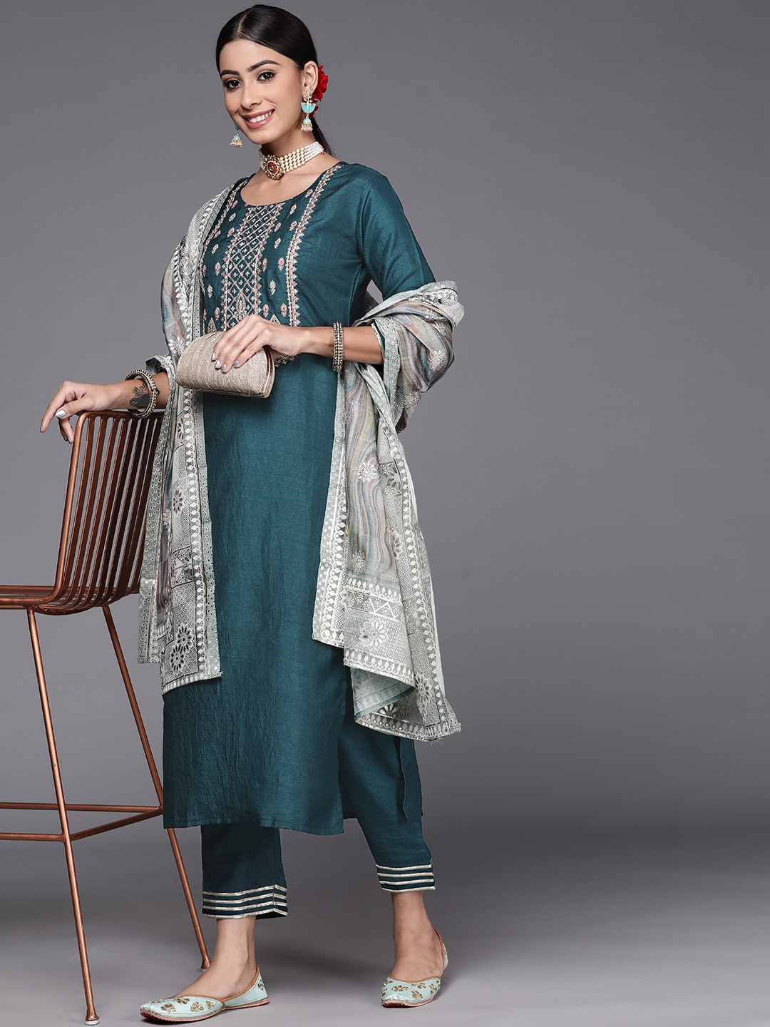 

Indo Era Women Teal Floral Embroidered Thread Work Kurta with Trousers & Dupatta