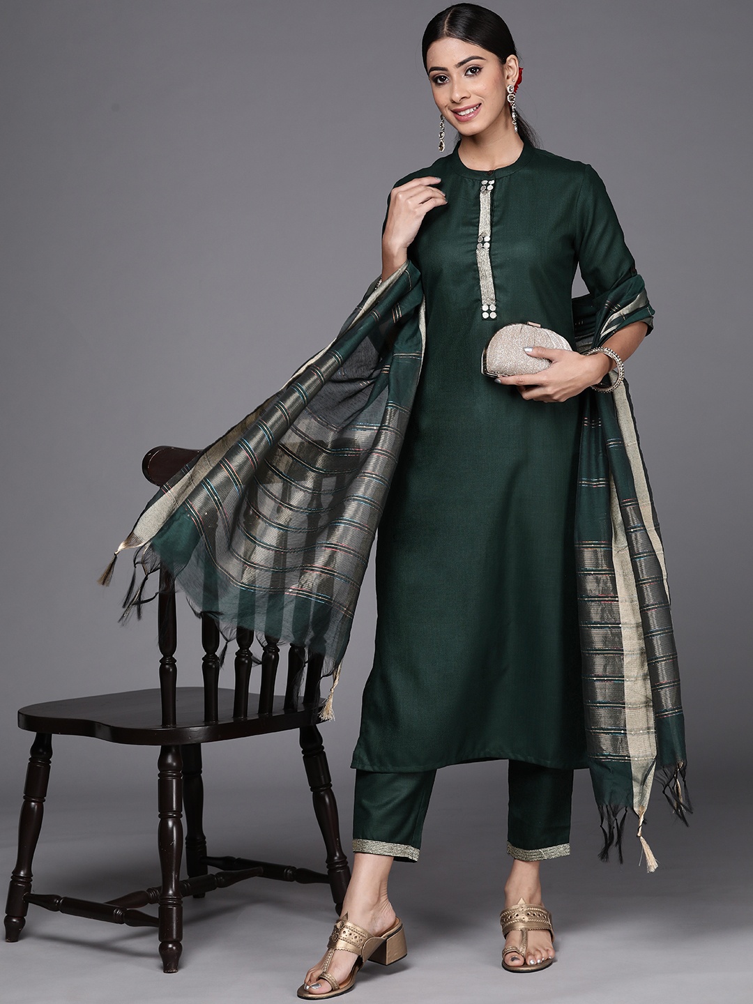 

Indo Era Women Green Kurta with Trousers & Dupatta