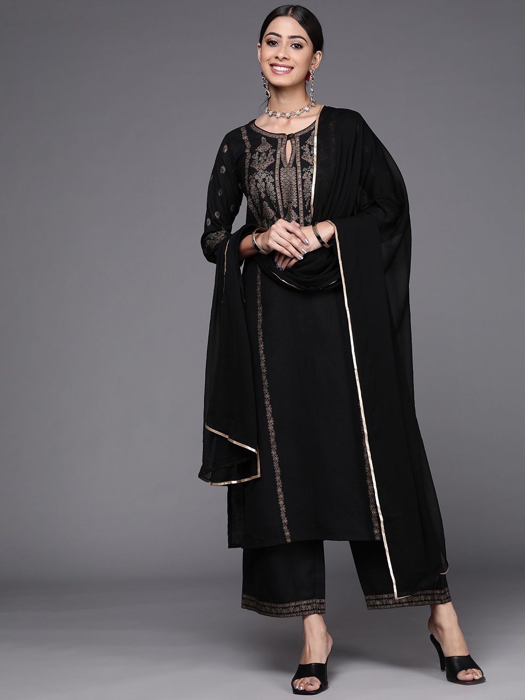 

Indo Era Women Black Ethnic Motifs Foil Printed Kurta with Palazzos & Dupatta