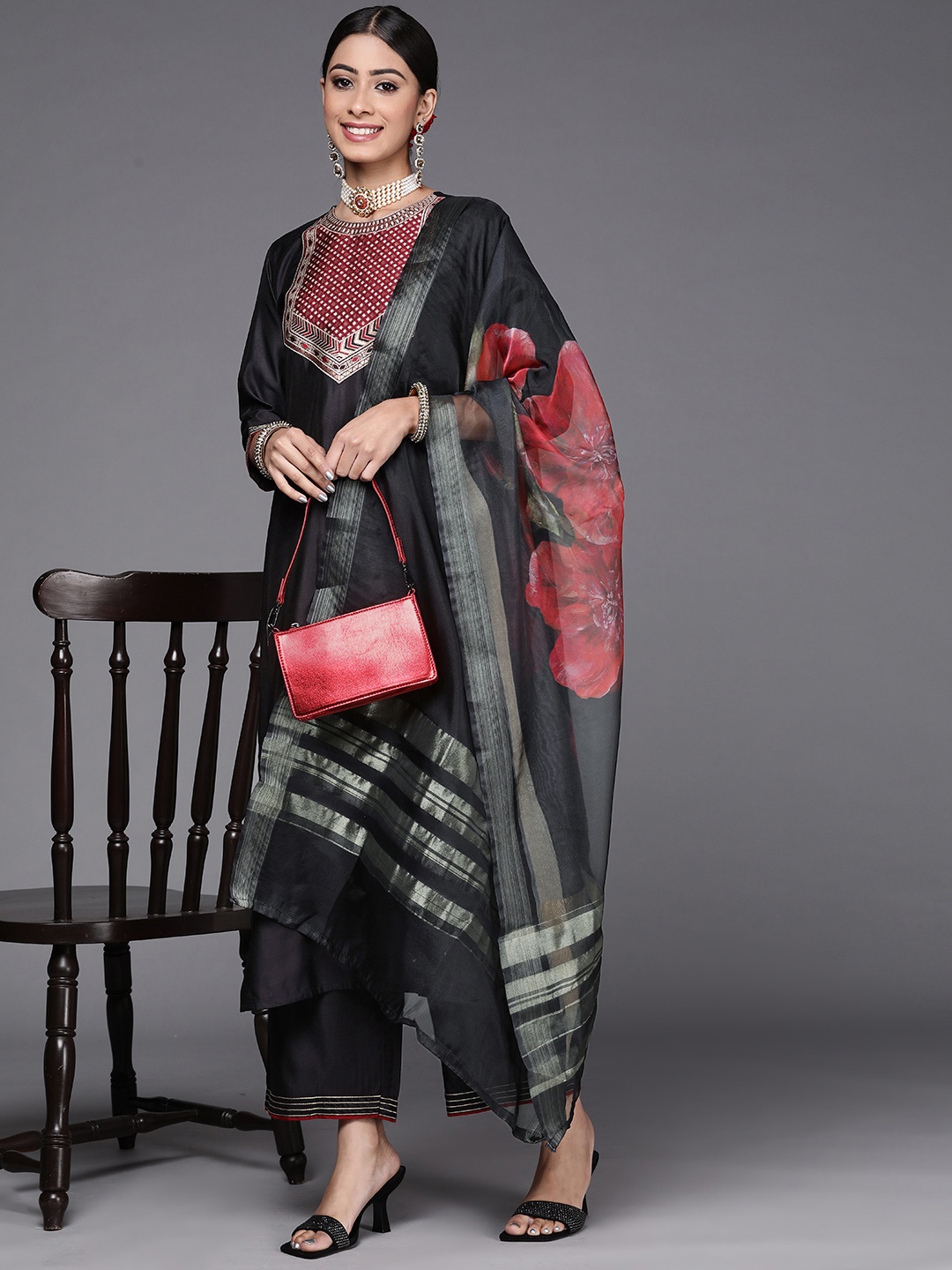 

Indo Era Women Black Yoke Design Liva Kurta with Palazzos & Dupatta